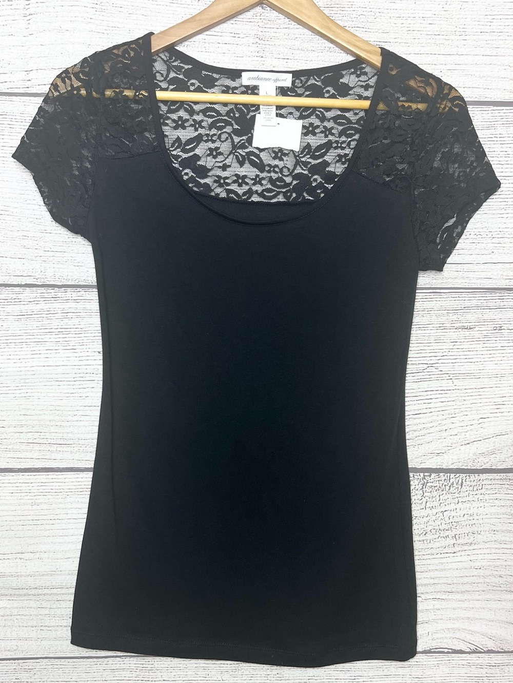 NWT Ambiance Apparel Black Sheer Lace Sleeve Scoop Neck T-Shirt Top Size Large